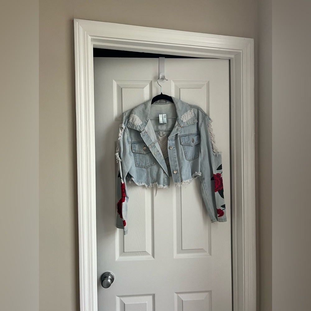 Stylish Light Blue Denim Jacket with Red Floral Details